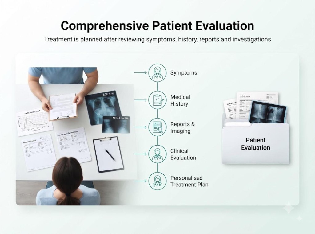 Comprehensive patient evaluation: treatment is planned after reviewing symptoms, history, reports and investigations